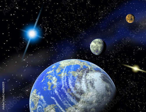Planets in a space. Light of a star.