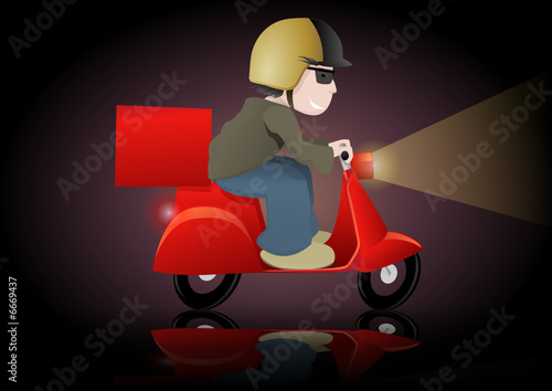 Livreur sur son scooter rouge dans la nuit