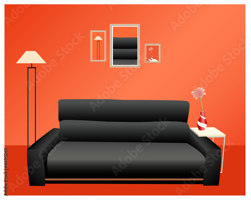 black sofa on red wall vector
