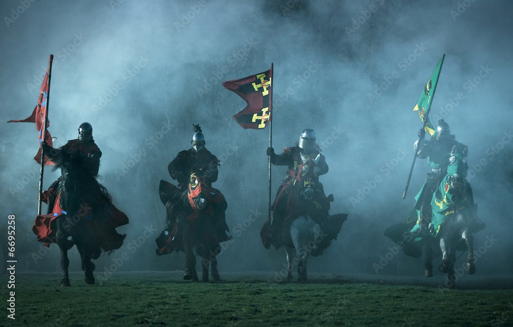 mediaeval knights on horseback - obrazy, fototapety, plakaty 