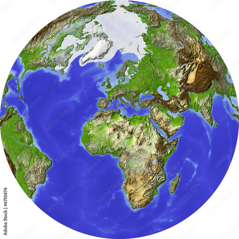 Fototapeta premium Globe, shaded relief, centered on Europe