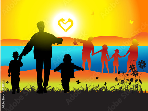 Happy family walks on nature, sunset