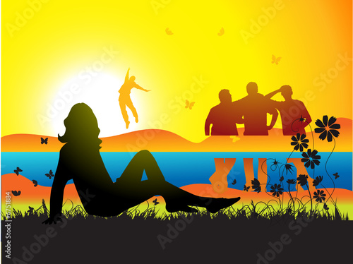 Beautiful woman on nature, friends, sunset