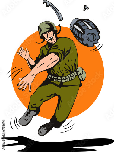 Soldier throwing a grenade in front