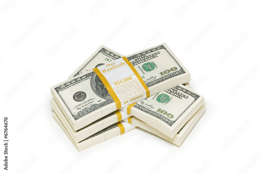 Ten thousand dollar stacks on the white Ten thousand dollar stacks on the white