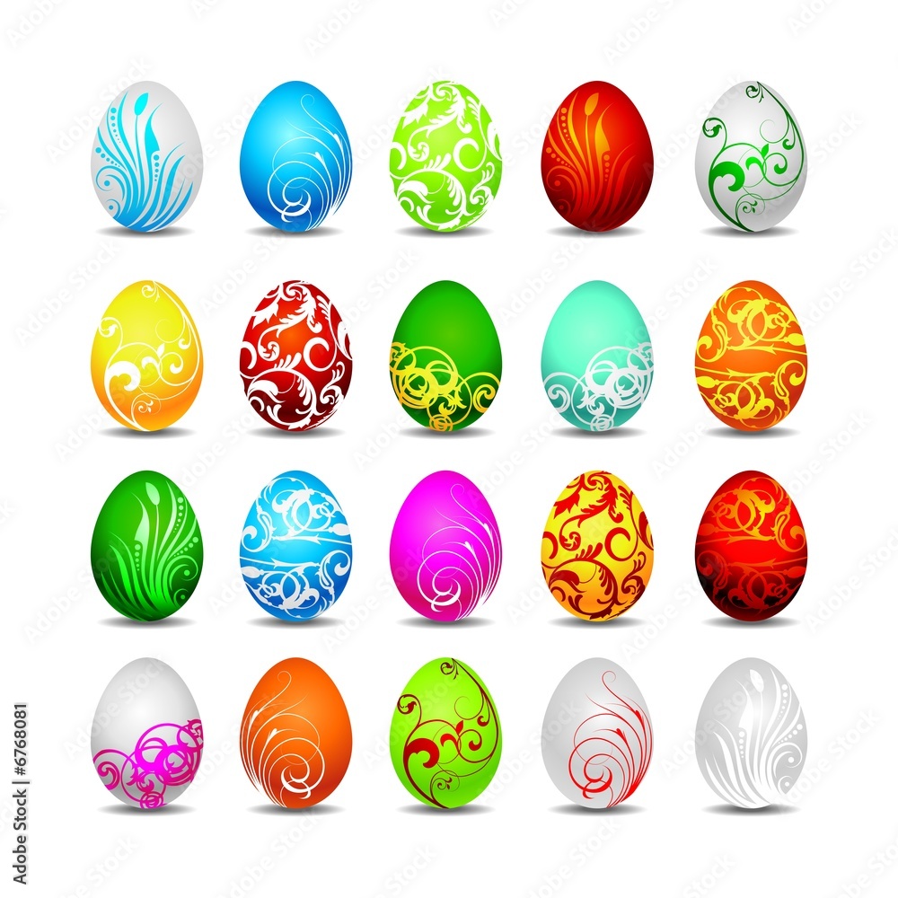 twenty color easter eggs on white background