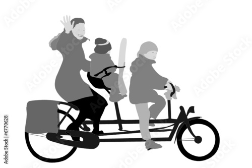 mother with children  riding bicycle and waving 