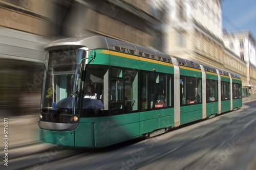 Modern environment-friendly tram in Helsinki, Finland