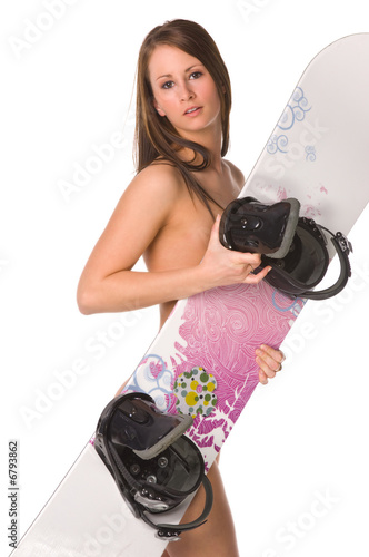 beautfiful nude woman covering herself with snowboard photo