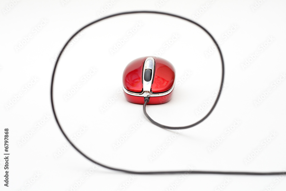 red computer mouse with cable against white background red computer mouse with cable against white background