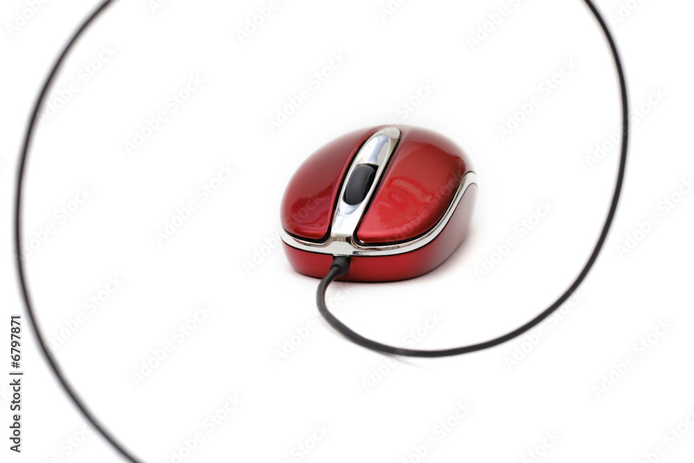 red computer mouse with cable against white background