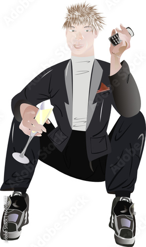 The man in a suit sitting with a glass of champagne .