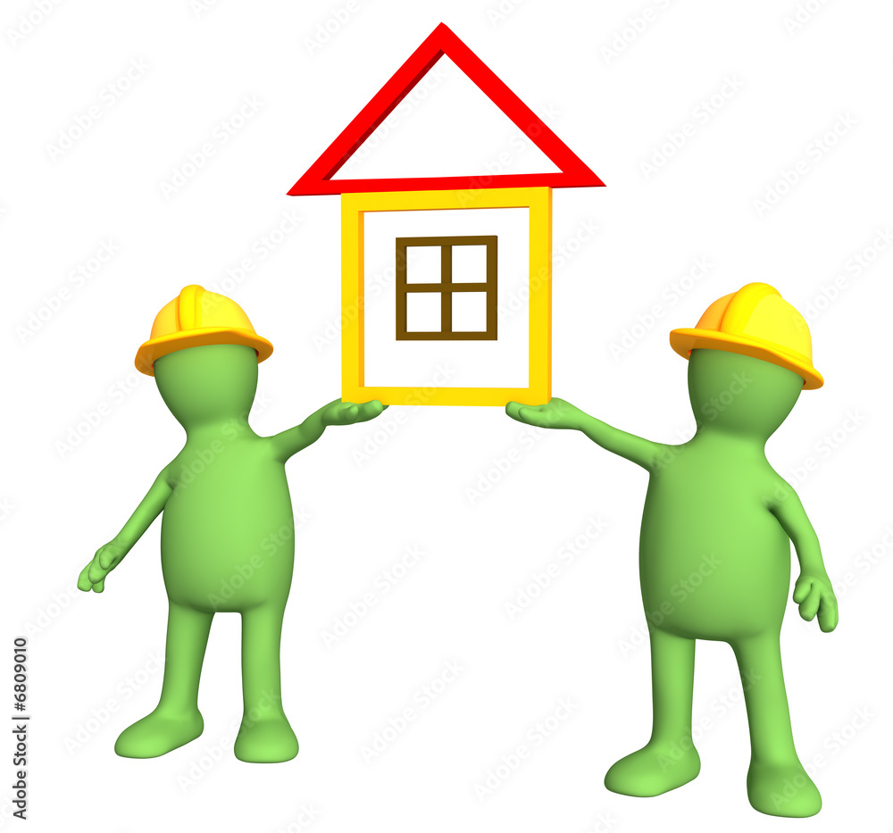 Two builders - puppets, holding in hands the stylized house Two builders - puppets, holding in hands the stylized house