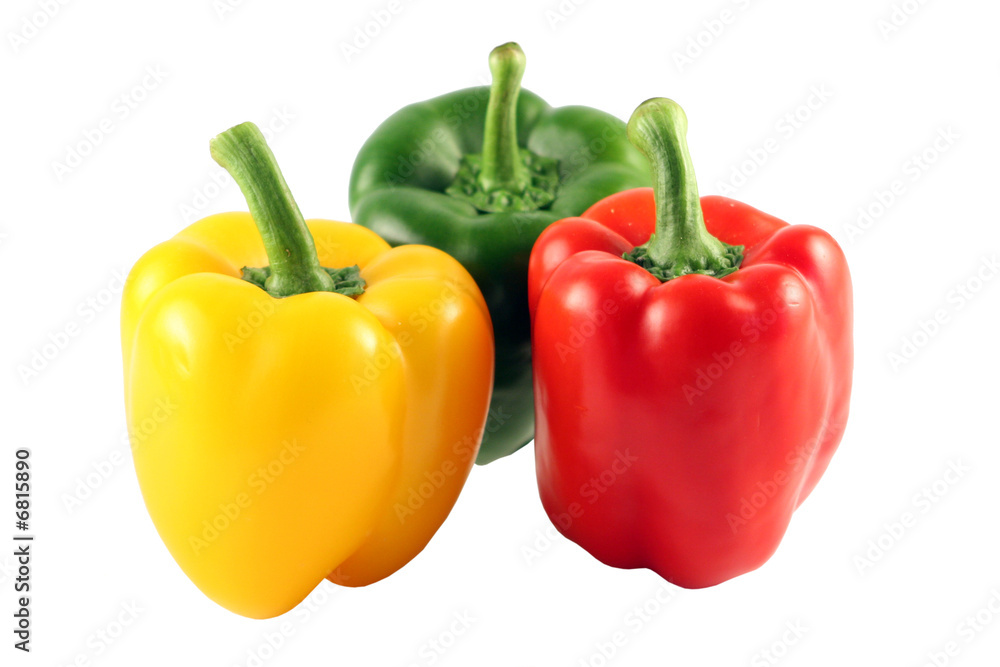 Three multi-coloured pepper isolated on white Three multi-coloured pepper isolated on white