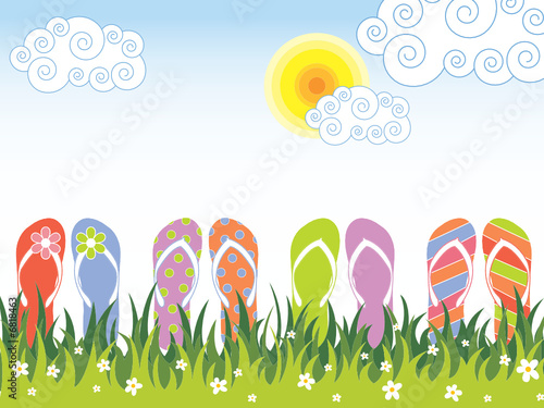 summer colorful flip flops in the grass (vector)