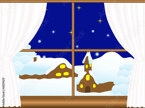 Nightly village behind the window