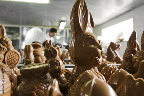 making chocolate figurines in a bakery.