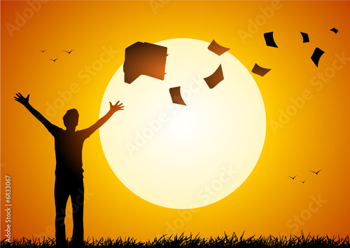 Business man launching sheets at sunset