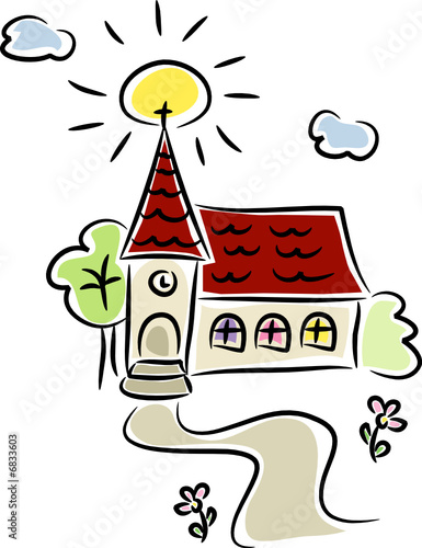 Cartoon-Zeichnung einer Kirche in Sommerlandschaft