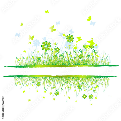 Grass green, summer background, flowers and butterflies