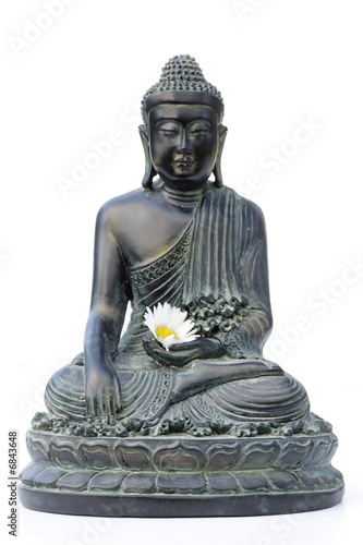 buddha with daisy in hand, on white