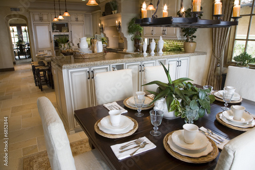 Breakfast table and luxury home kitchen.