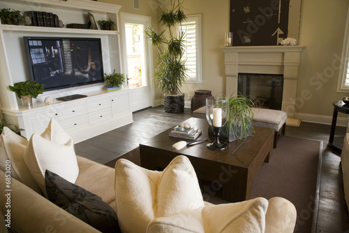 Living room with an HDTV, fireplace and stylish decor.