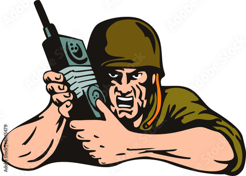 Soldier with radio isolated on white