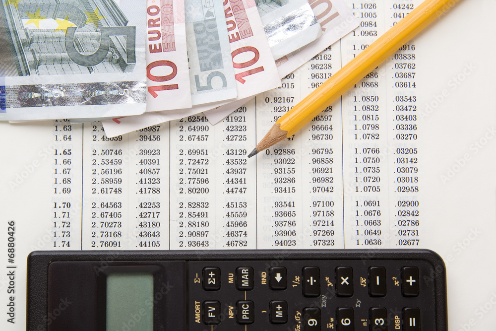 Money and figure table, with pencil and calculator to analyze Money and figure table, with pencil and calculator to analyze