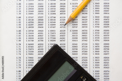 Rows of numbers, with calculator and pencil to analyze