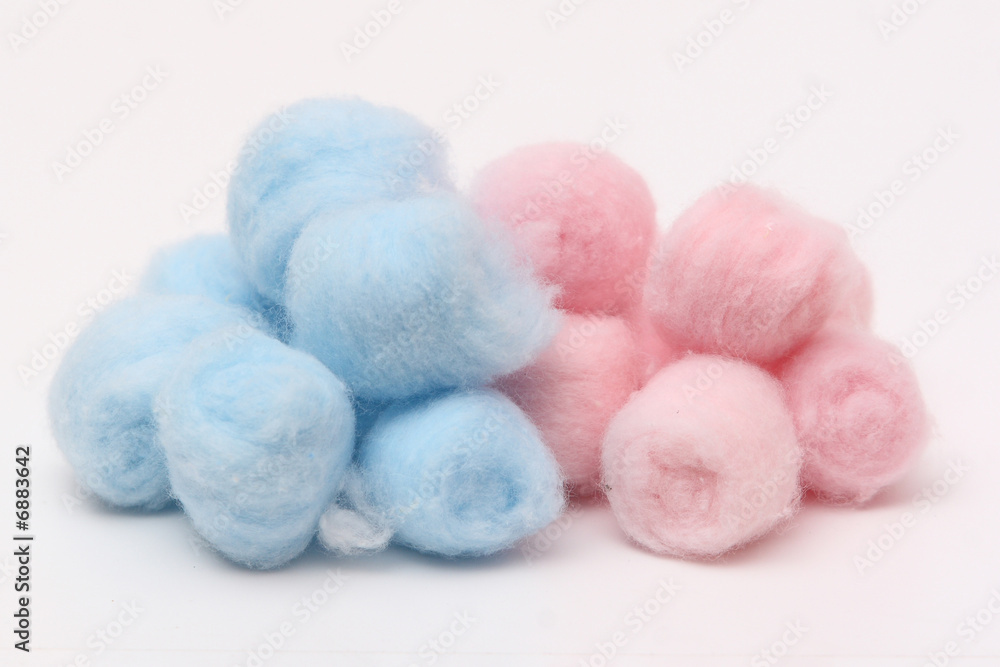Blue and pink hygienic cotton balls