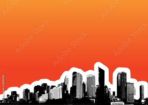 Black city on orange background. Vector art