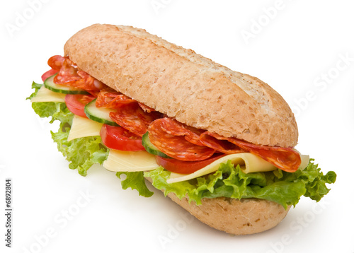 Salami submarine sandwich isolated on white