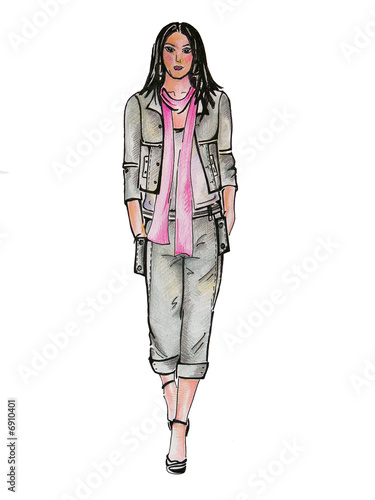 Drawn model in grey suit with pink scarf