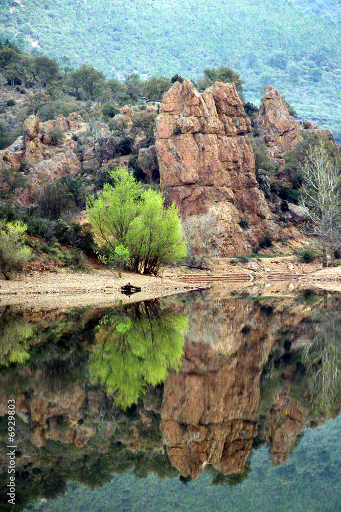 Piton rocheux et arbre au bord du Lac de l'Ecureuil StockFoto Adobe