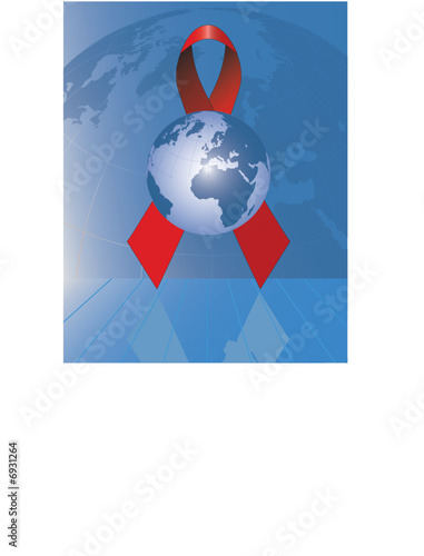 Globe with red ribbon, the AIDS awareness symbol.