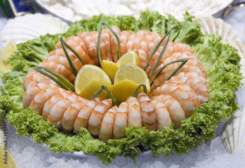 Healthy prawn and salad gourmet closeup