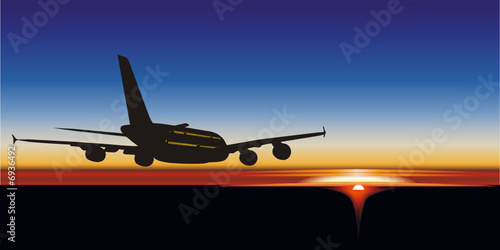 Vector illustration passenger aircraft A380 Airbus at sunrise