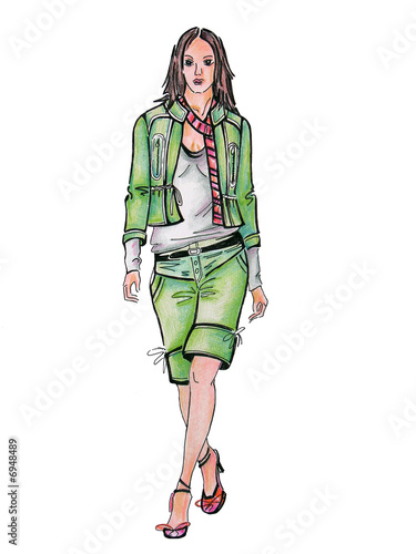 Drawn model in green suit