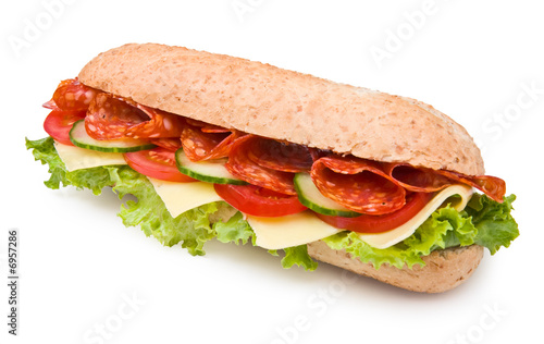 Fresh spicy deli-style salami sandwich isolated on white