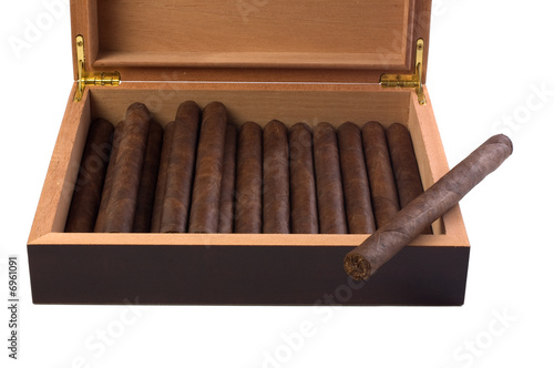 Dark maduro cigar resting on humidor