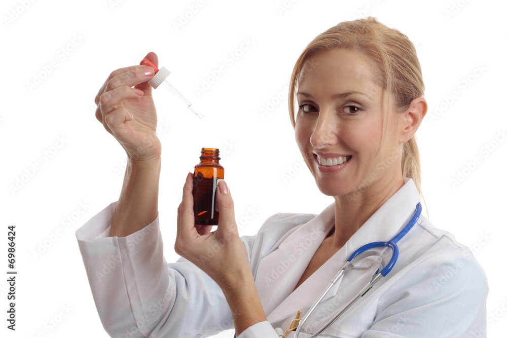 Smiling doctor or naturapath with serum Smiling doctor or naturapath with serum
