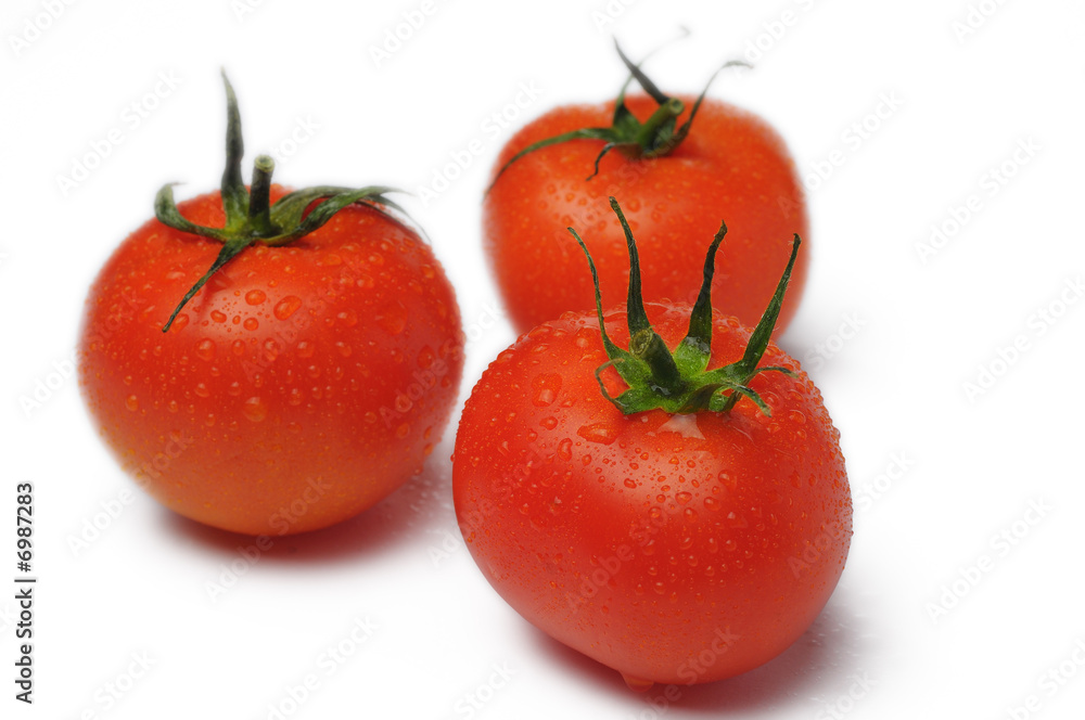 Fresh three tomato with water drops isolated on white background Fresh three tomato with water drops isolated on white background