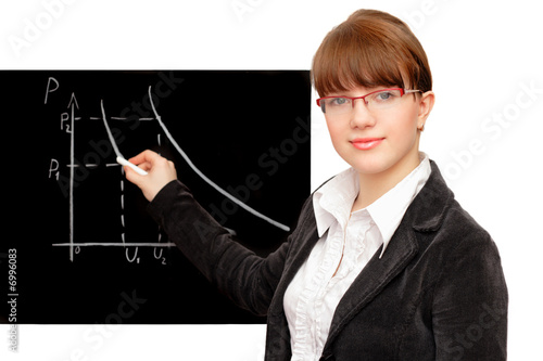 beauty student and blackboard against white background
