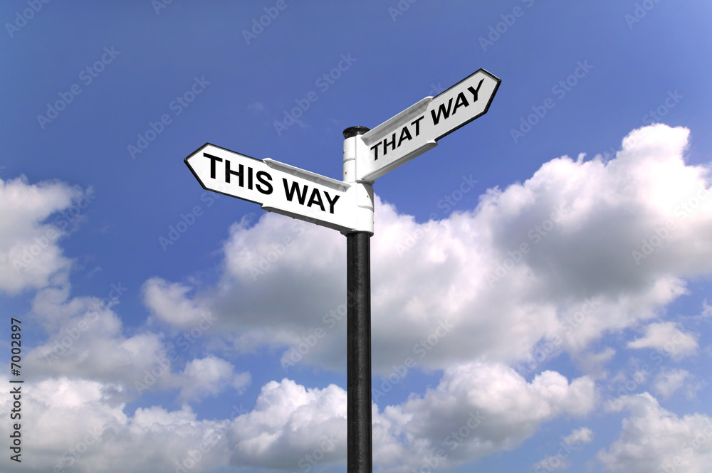 This Way That Way Which way to Turn signpost in the sky This Way That Way Which way to Turn signpost in the sky