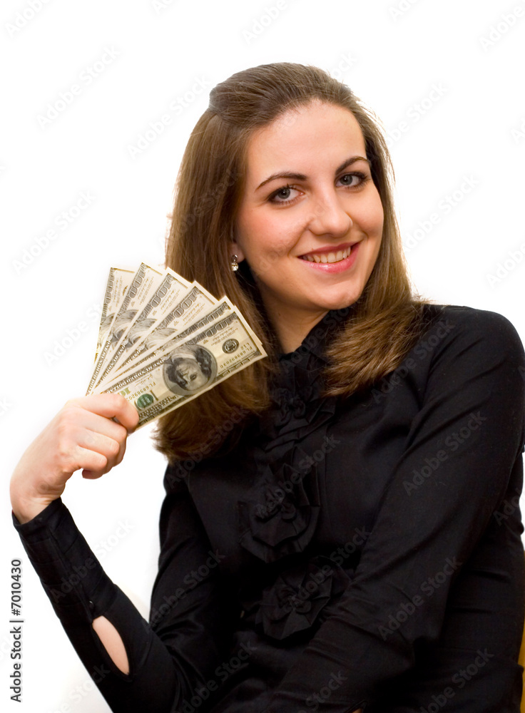 Beautiful business woman holding money and smiling.. Beautiful business woman holding money and smiling..