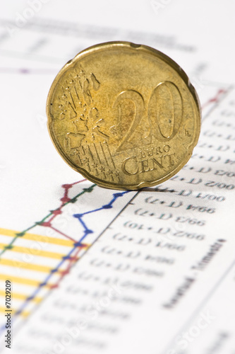 euro twenty cent coin on financial data papers