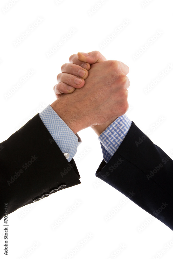 Close up of friendly business people handshake.