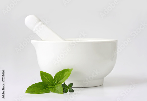 Mortar and Pestle with Basil and Thyme
