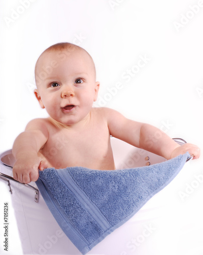 Happy Baby in Tub with Blue Washcloth
